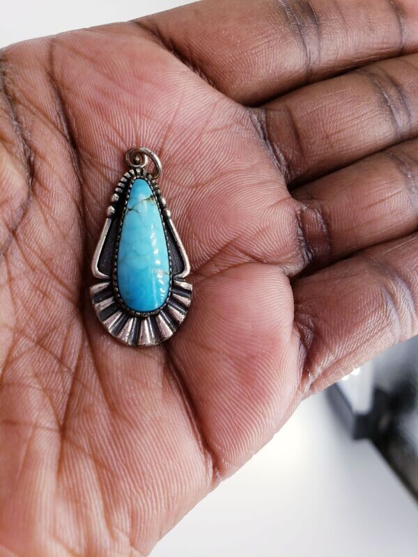 Vintage Hand Made Genuine Native American  Zuni Sterling Silver Turquoise Cabochon Pendant