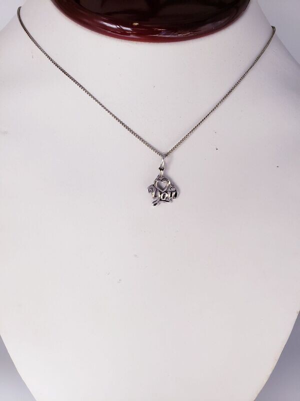 Estate Vintage Sterling Silver I Love You Charm Pendant & Curb Chain 17"