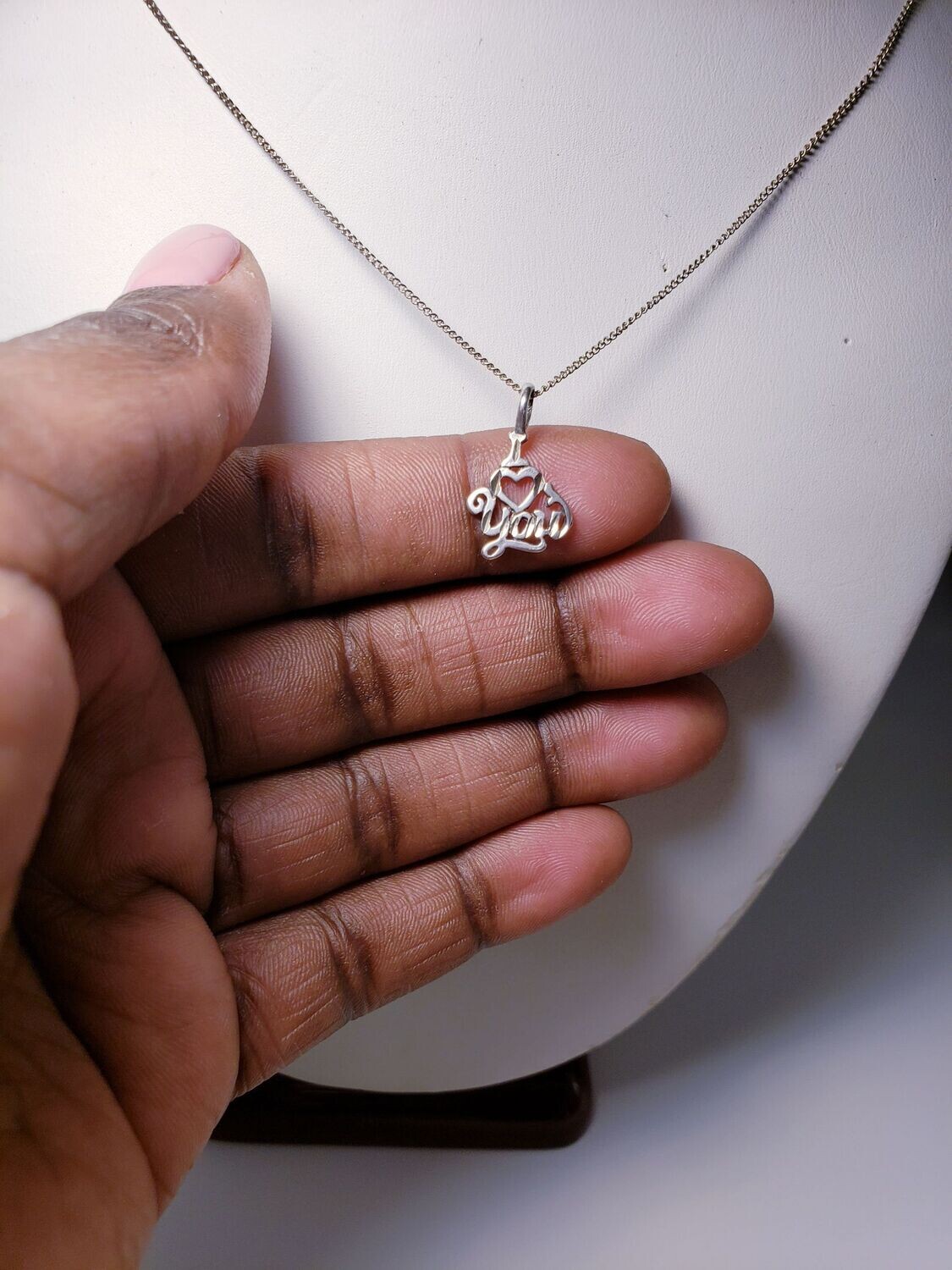 Estate Vintage Sterling Silver I Love You Charm Pendant & Curb Chain 17"