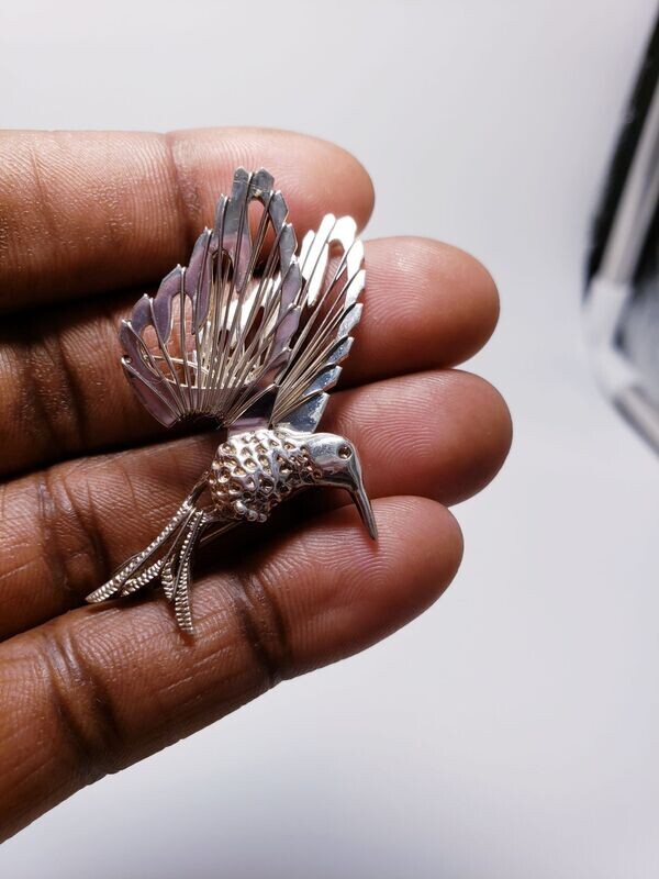 Wire Wrapped Sterling Silver Engraved Hummingbird Brooch Pin