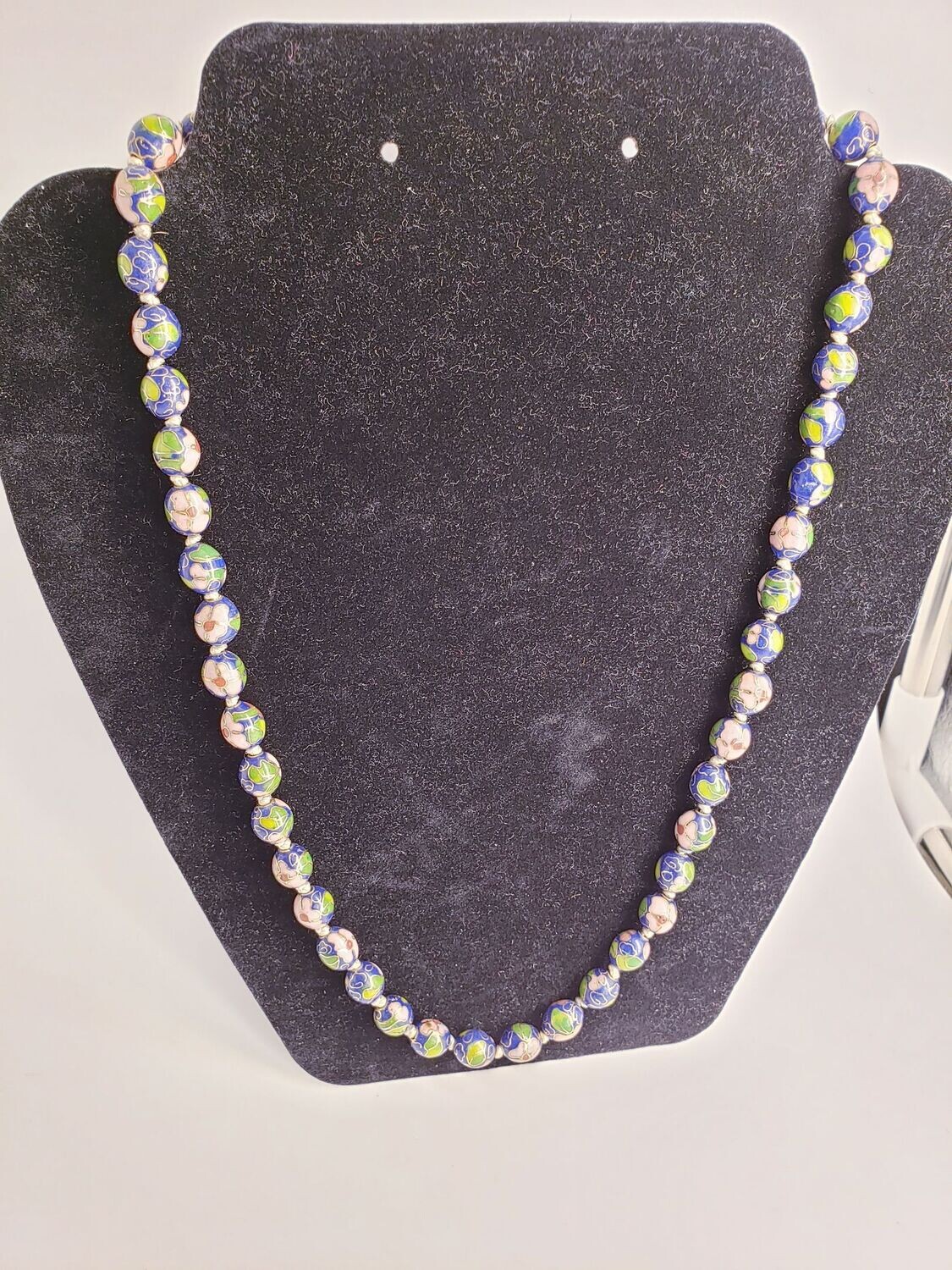 Estate Vintage Chinese Cloisonne Necklace 20" Floral Design Blue, Green & Pink