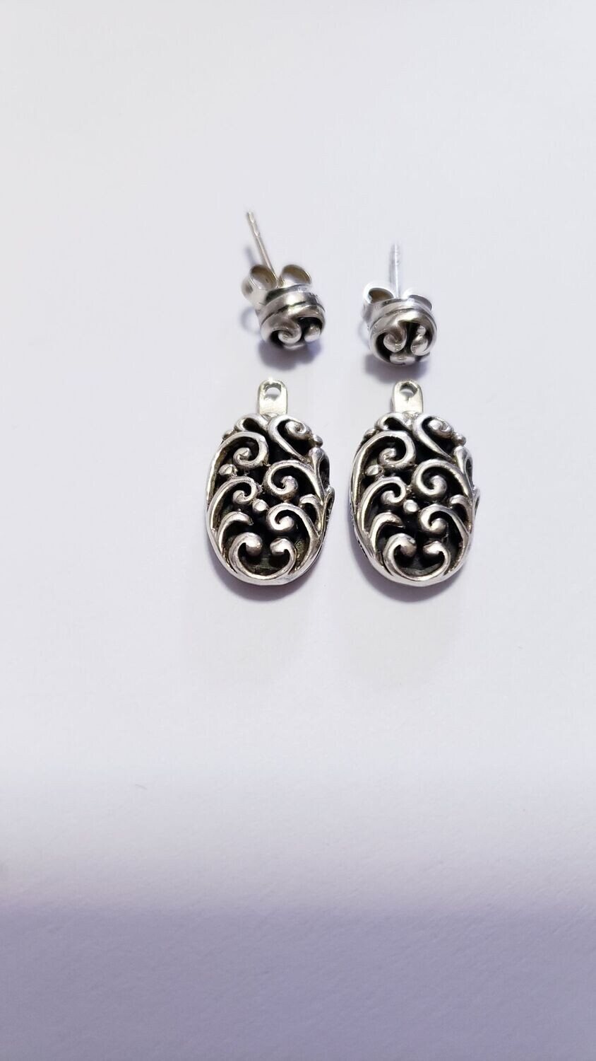Estate Vintage Signed Reversible Sterling Silver Onyx Filigree Cabachon Earrings