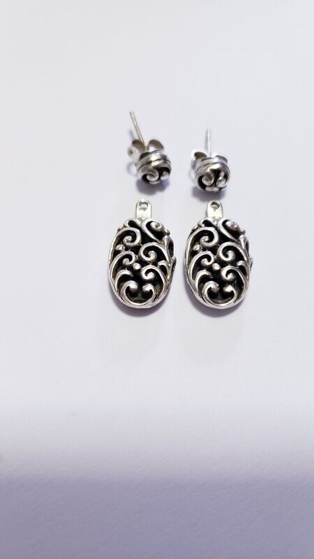 Estate Vintage Signed Reversible Sterling Silver Onyx Filigree Cabachon Earrings