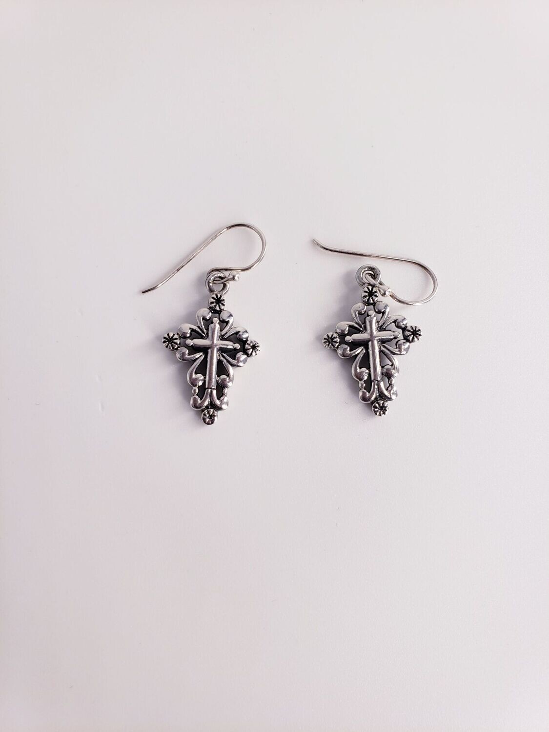 Vintage Sterling Silver Scrollwork Style Cross Dangle Earrings