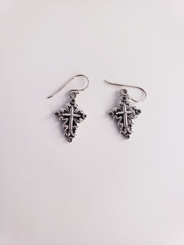 Vintage Sterling Silver Scrollwork Style Cross Dangle Earrings