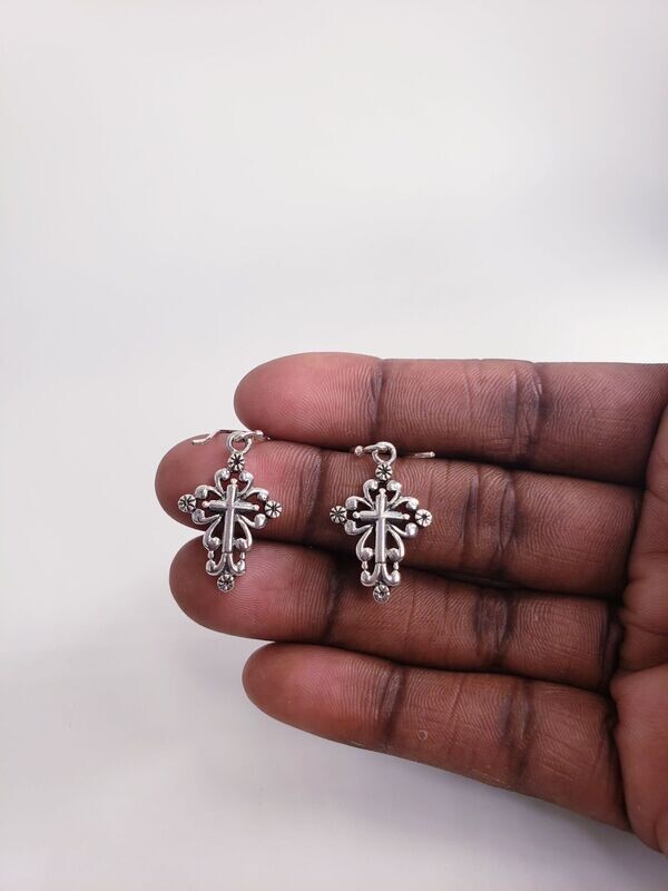 Vintage Sterling Silver Scrollwork Style Cross Dangle Earrings