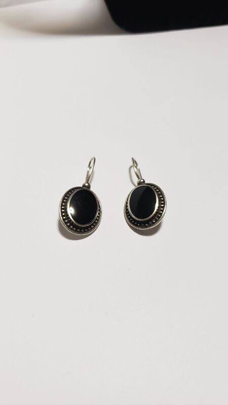 Vintage Sterling Silver Beaded Bezel Set Black Onyx Dangle Earrings