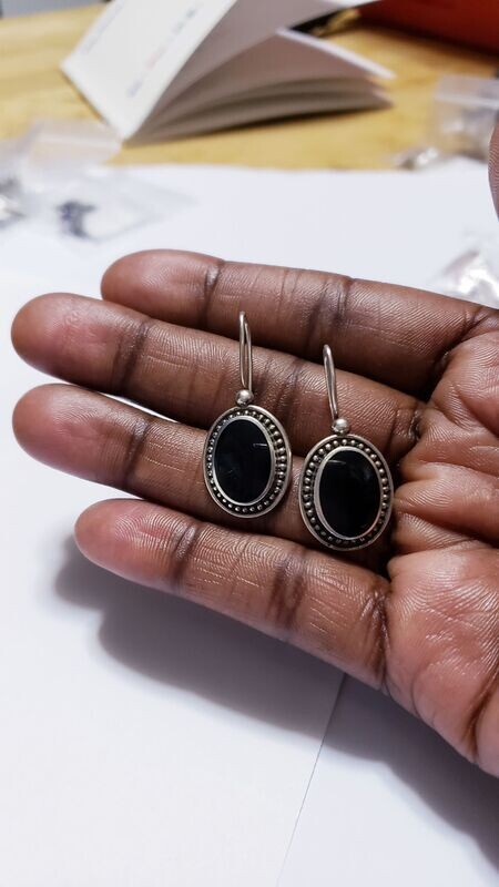 Vintage Sterling Silver Beaded Bezel Set Black Onyx Dangle Earrings