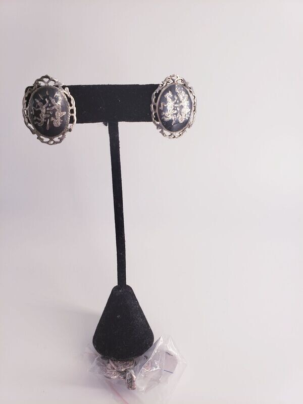 Hand Engraved  Siamese Dancer Sterling Silver & Niello Clip-On Earrings