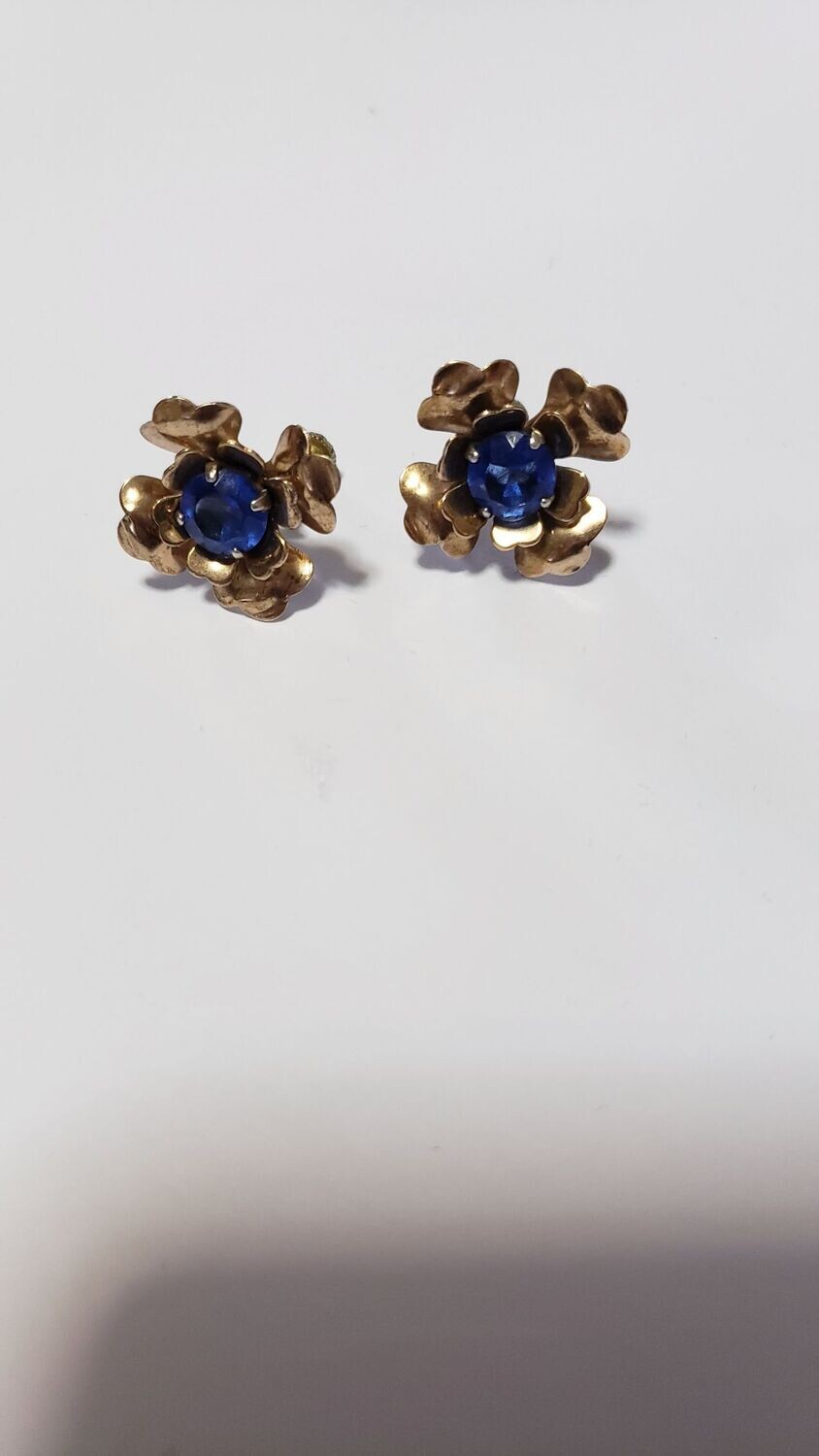3D Floral Clip-on Earrings Gold Vermeil Over Sterling with Man Made Sapphires