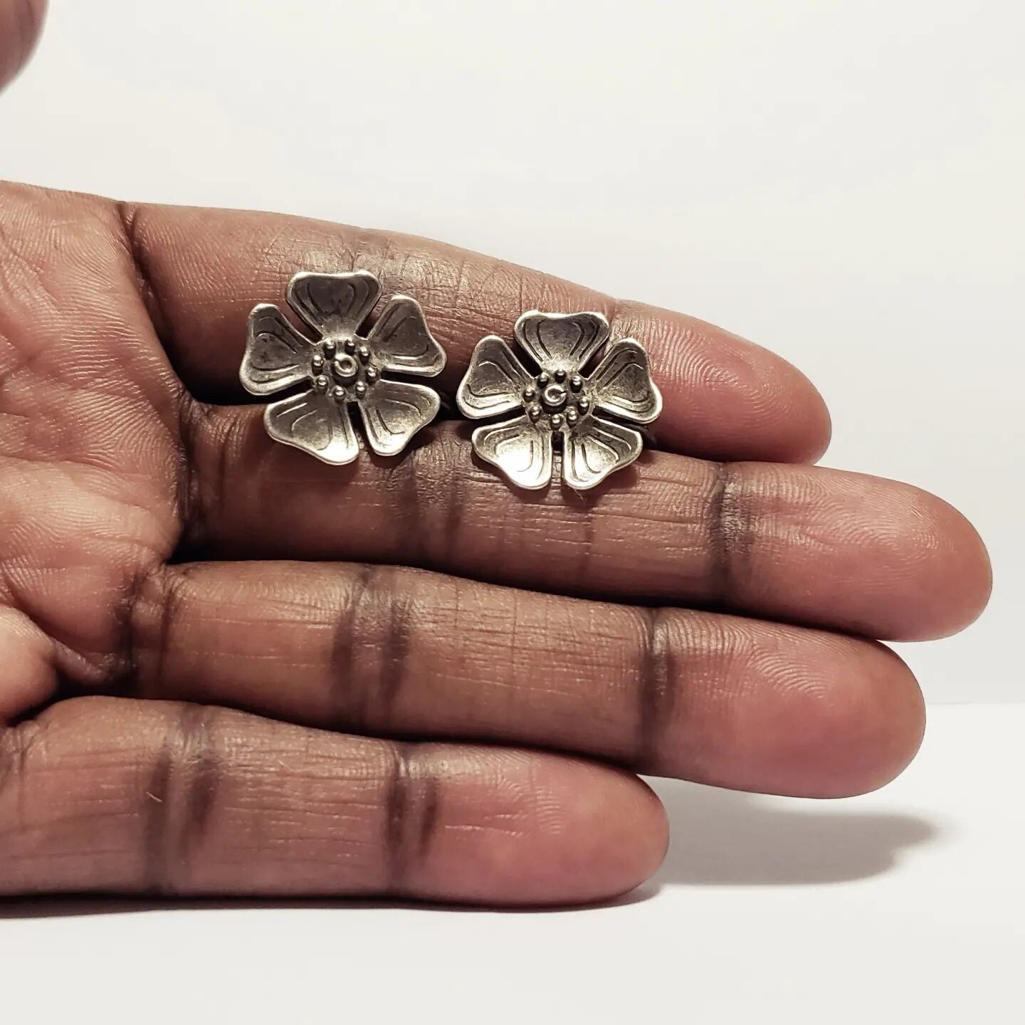 Vintage Sterling Silver Flower Button Style Clip-on Earrings Signed Fish