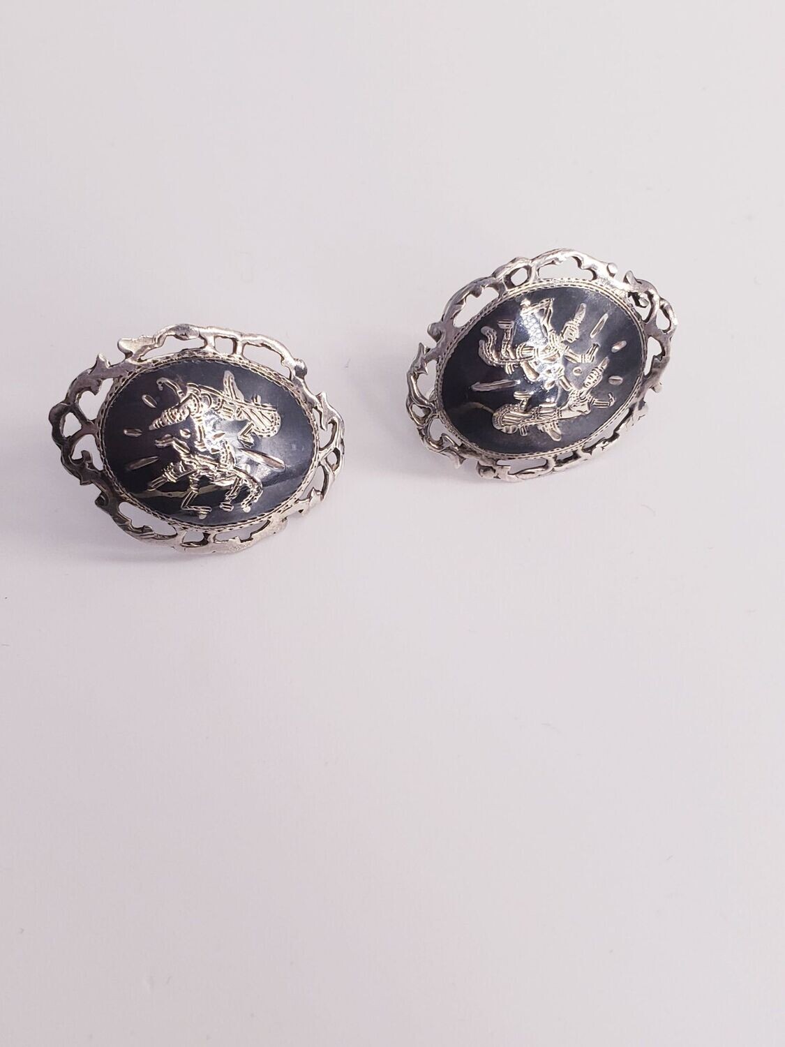 Hand Engraved  Siamese Dancer Sterling Silver & Niello Clip-On Earrings