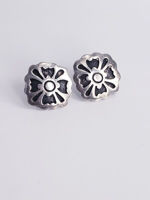 Hand Carved Engraved  Sterling Silver Floral Button Style Clip-On Earrings