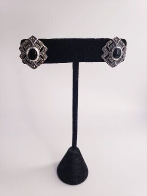 Fancy Vintage Sterling Silver Onyx & Marcarsite Button Style Earrings