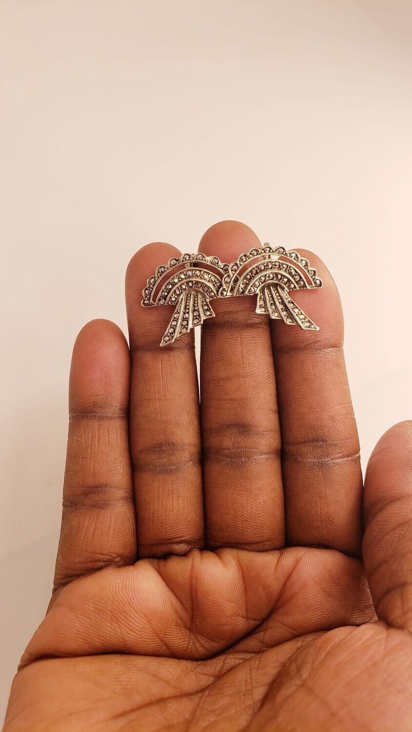 Vintage Art Deco Style Sterling Silver Marcasite Fan Style Earrings