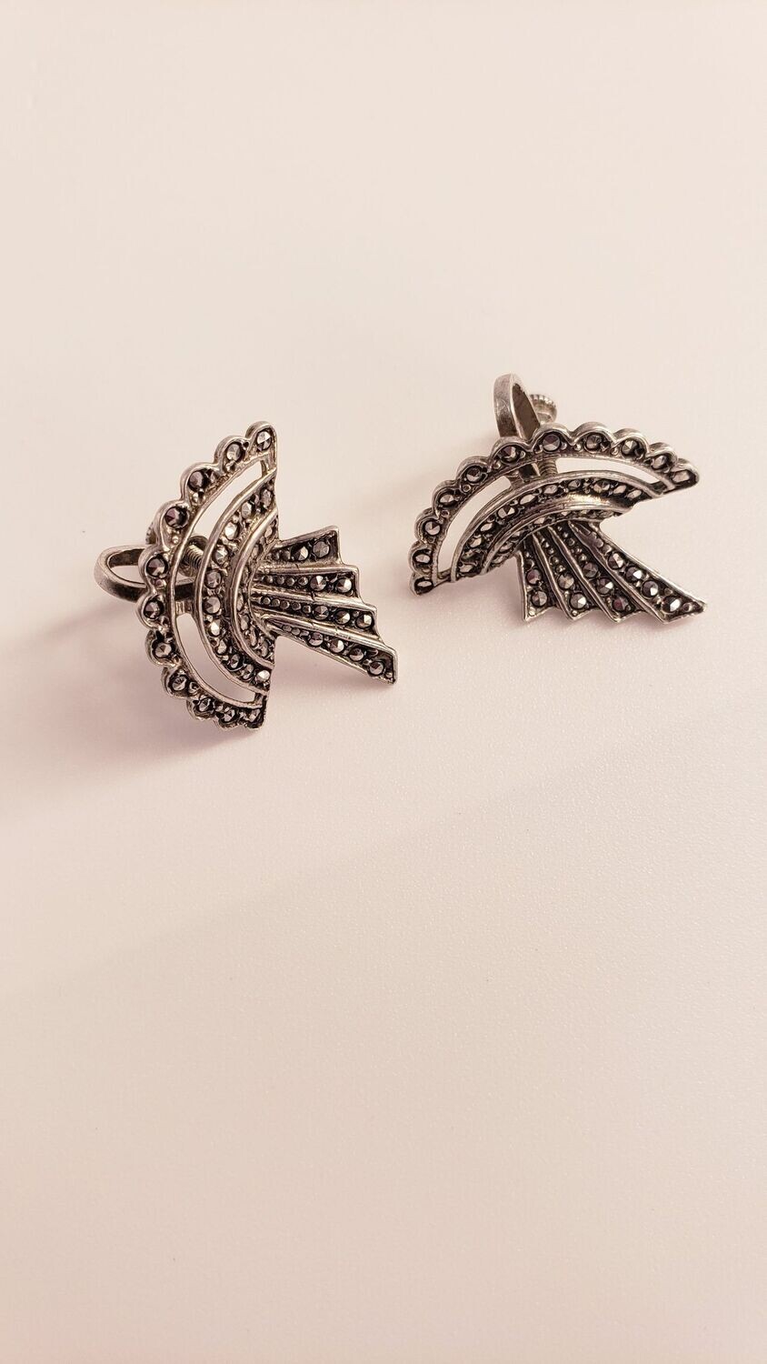 Vintage Art Deco Style Sterling Silver Marcasite Fan Style Earrings