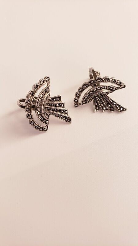 Vintage Art Deco Style Sterling Silver Marcasite Fan Style Earrings