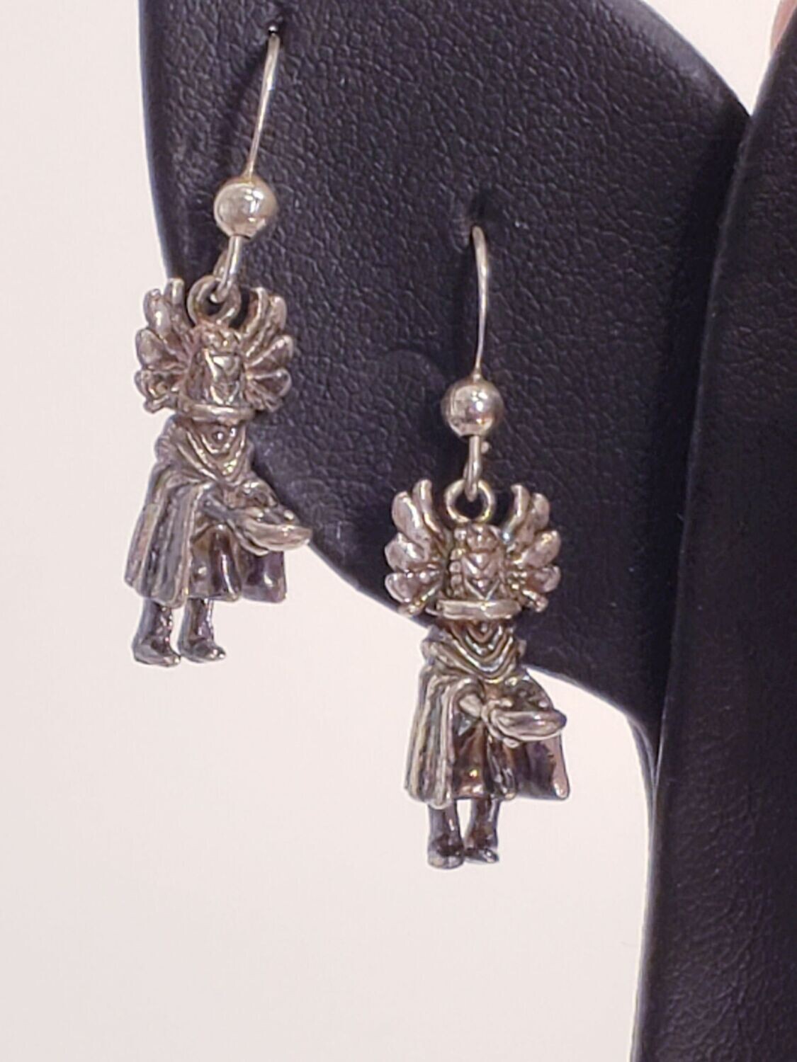 Vintage Hand Carved Engraved Sterling Silver Native American Shaman Medicine Man Dangle Earrings