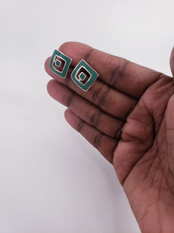 Vintage Sterling Silver Turquoise Square Button Style Earrings