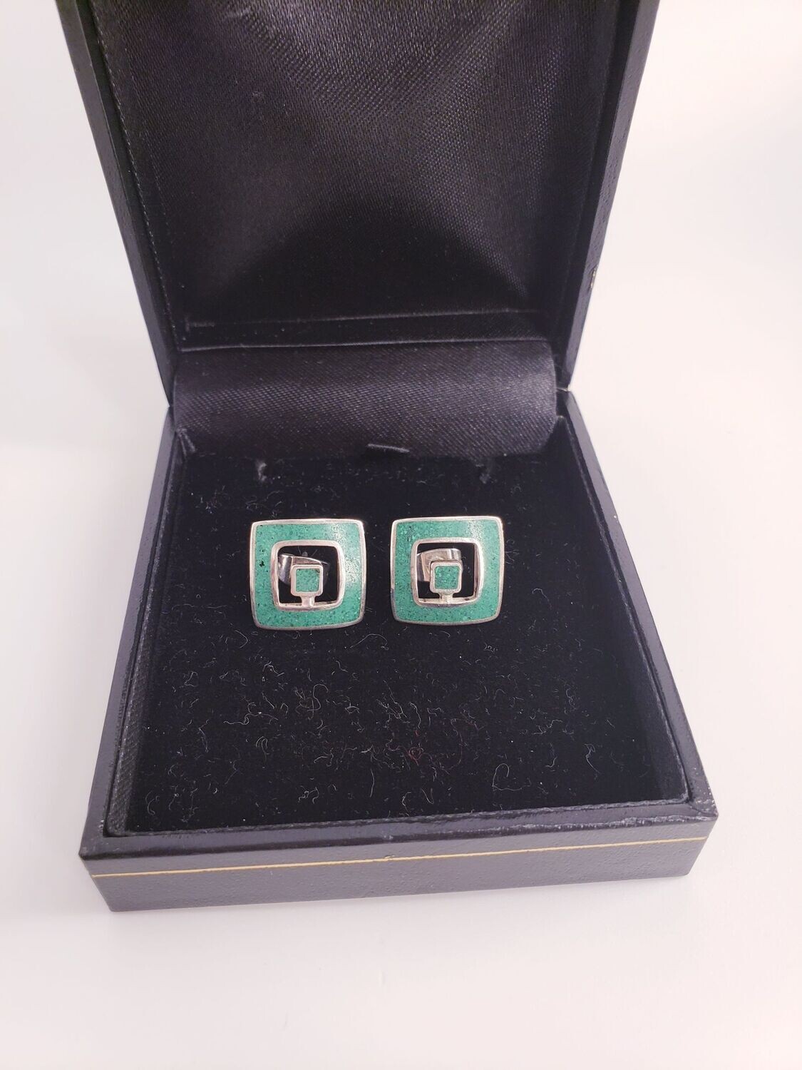 Vintage Sterling Silver Turquoise Square Button Style Earrings