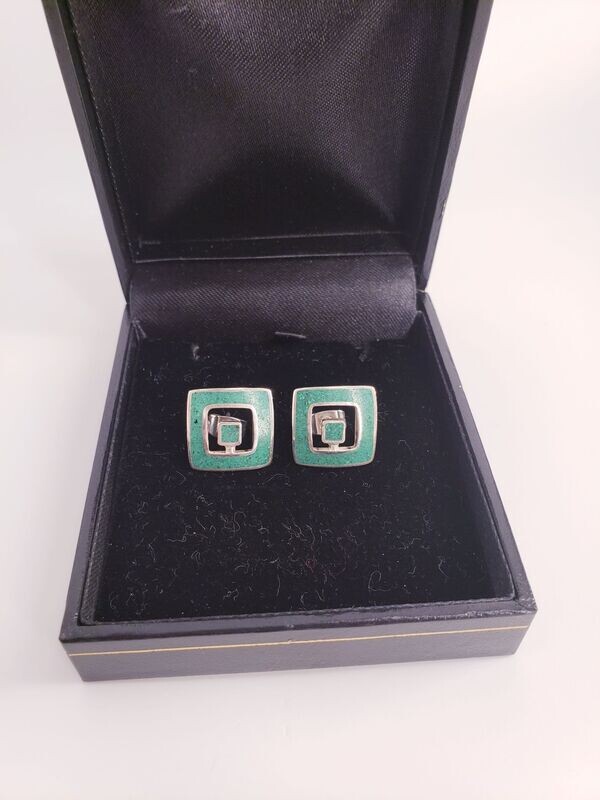 Vintage Sterling Silver Turquoise Square Button Style Earrings