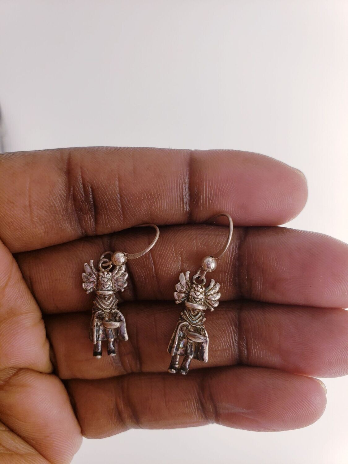Vintage Hand Carved Engraved Sterling Silver Native American Shaman Medicine Man Dangle Earrings