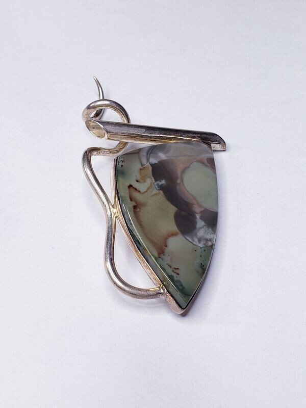 Handmade OOAK Artisan Created Sterling Silver Triangular Style Agate Brooch Pin.