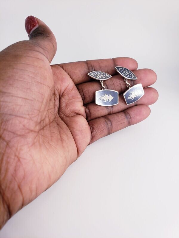 Unique Vintage 60' Sterling Silver Praying Buddha Niello Cufflinks.
