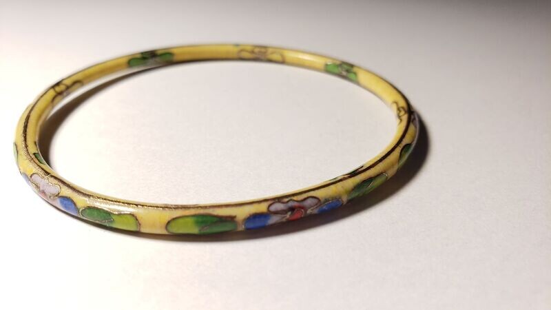 Antique Chinese Cloisonne Floral Yellow Enamel Bangle Bracelet 1.35" Wide