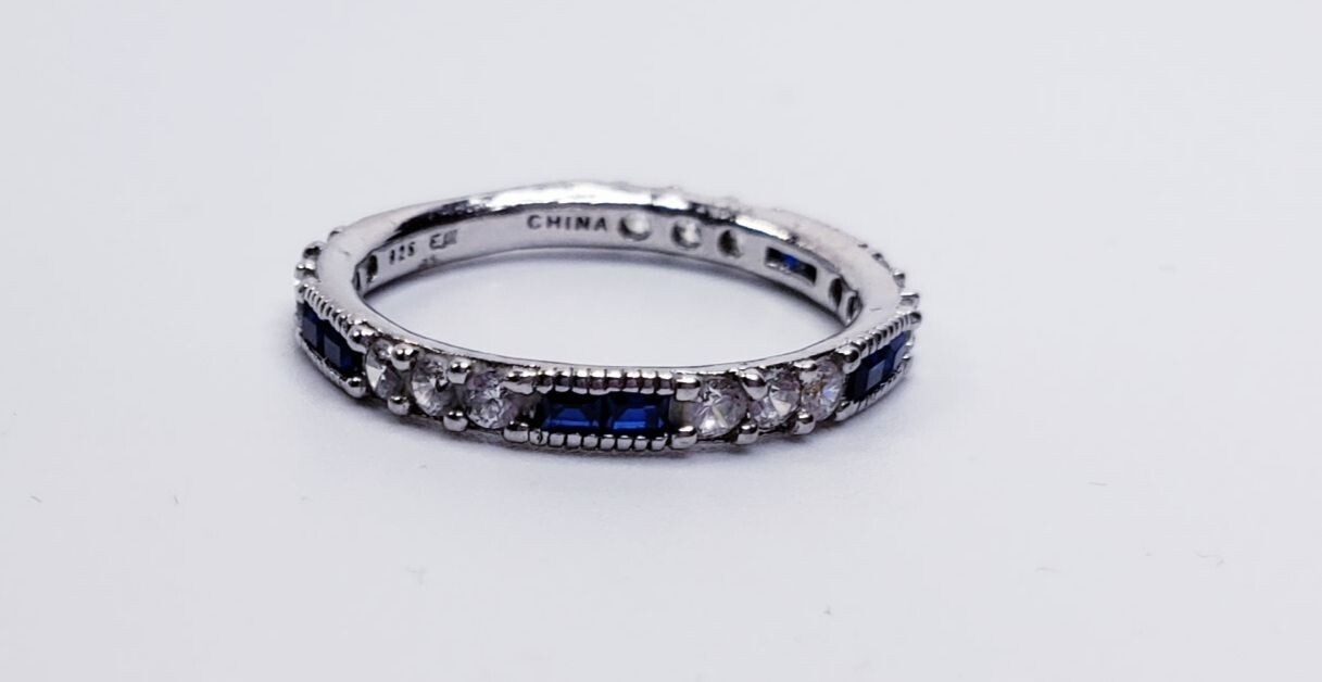 Sterling Silver Sapphire And CZ Band Style Ring Size 7