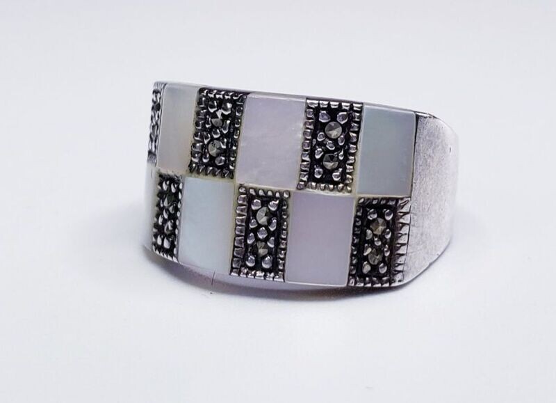 Sterling Silver Marcasite & MOP Checkerboard Unisex Ring Size 9