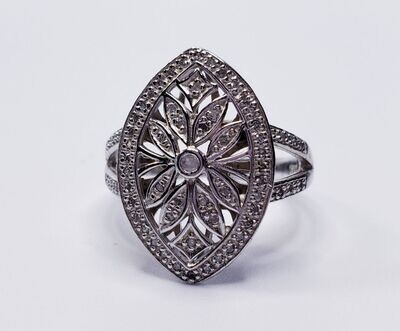 Estate Fancy Art Deco Look Sterling Silver Cocktail Floral Style Cz Ring Size 9