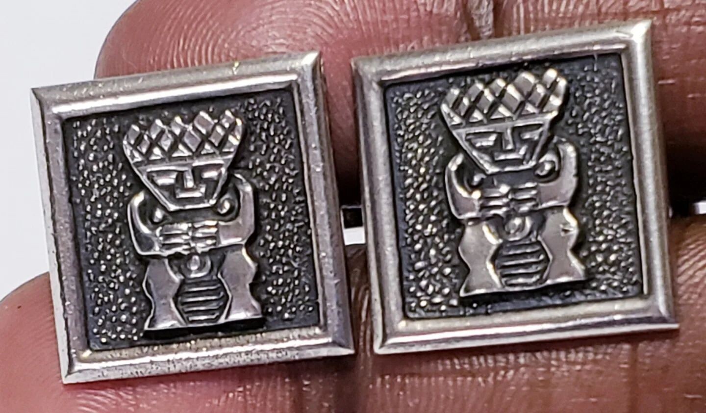 Stunning Vintage Estate 900 Silver Handmade Mexico Aztec Warrior Cufflinks.