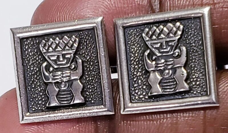 Stunning Vintage Estate 900 Silver Handmade Mexico Aztec Warrior Cufflinks.