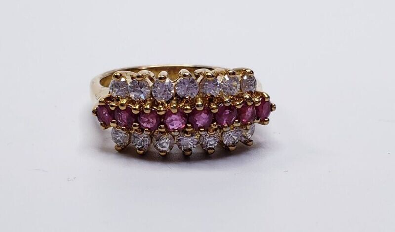 Pyramid Style Gold Vermeil Over Sterling Silve Genuine Ruby & CZ Ring Size 7.5