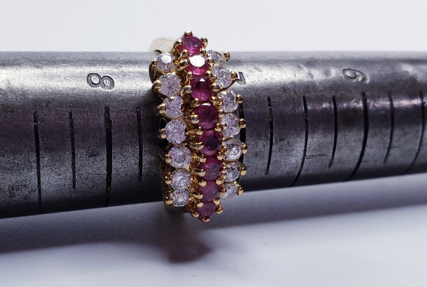 Pyramid Style Gold Vermeil Over Sterling Silve Genuine Ruby & CZ Ring Size 7.5