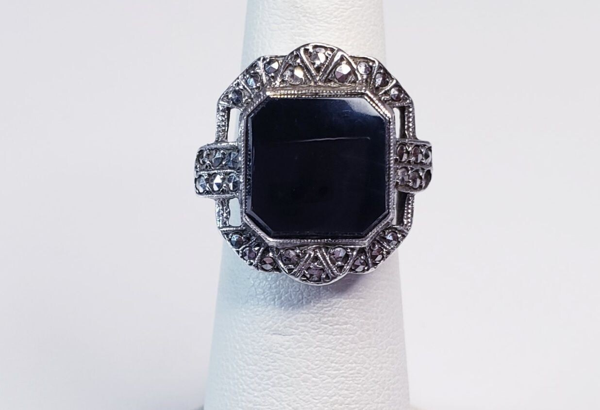 Vintage Art Deco Style Black Onyx & Marcasite Cocktail Ring Sz4