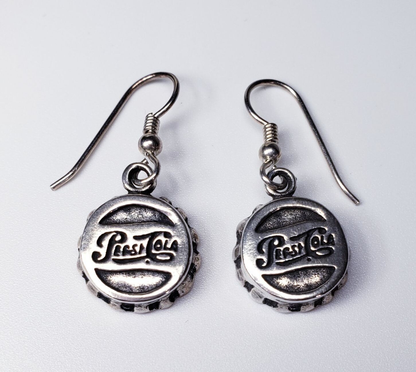 Sterling Silver Old Style Pepsi-Cola Bottle Cap Dangle Earrings