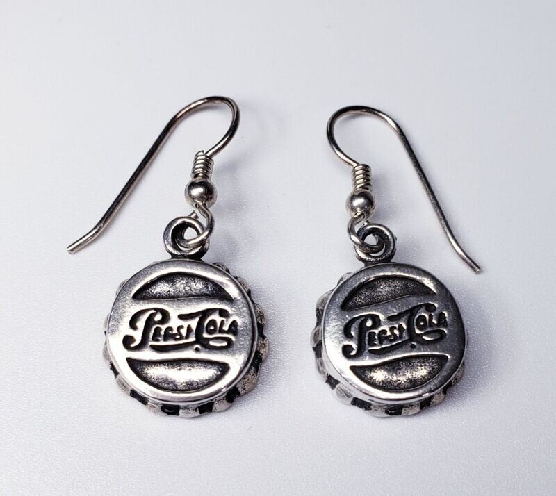 Sterling Silver Old Style Pepsi-Cola Bottle Cap Dangle Earrings