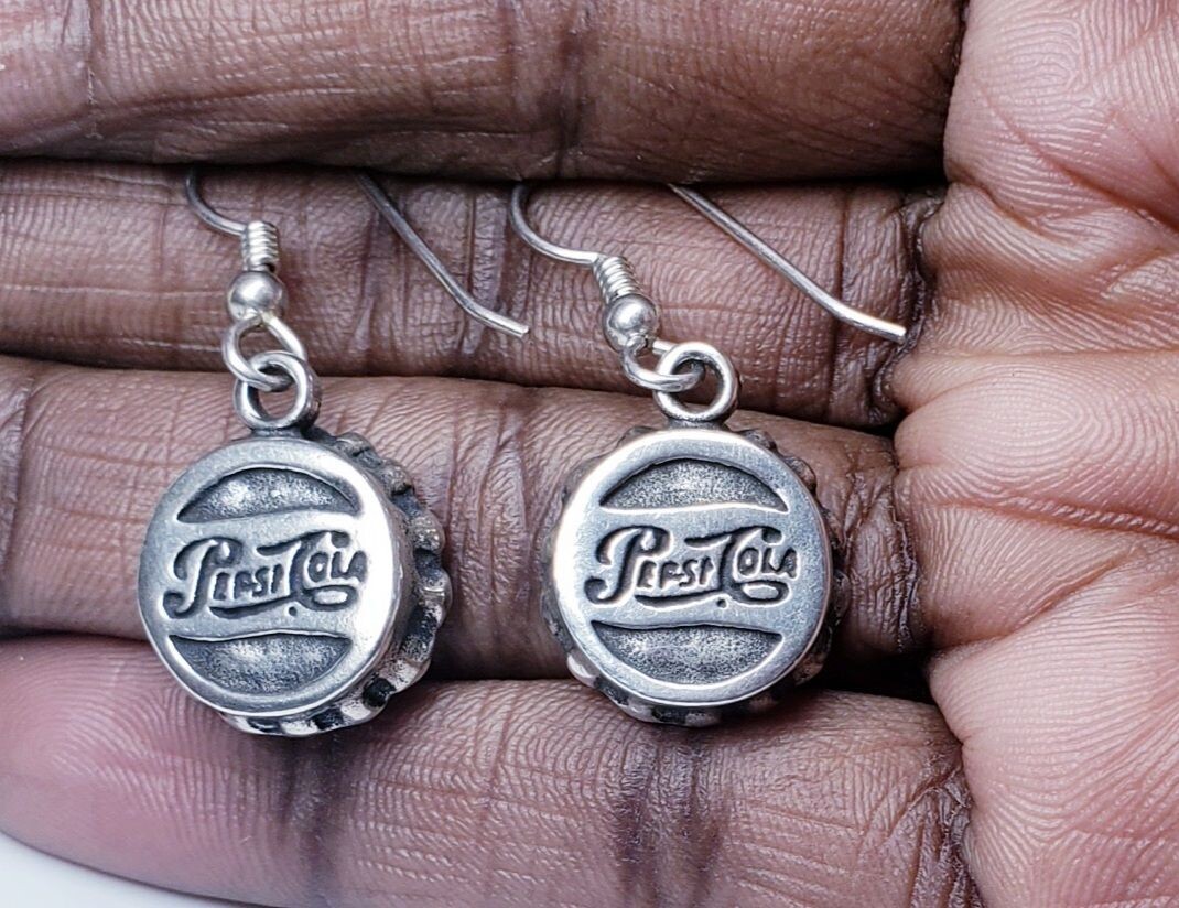 Sterling Silver Old Style Pepsi-Cola Bottle Cap Dangle Earrings Sterling Silver Old Style Pepsi-Cola Bottle Cap Dangle Earrings