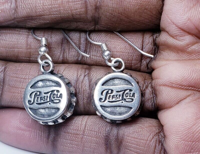 Sterling Silver Old Style Pepsi-Cola Bottle Cap Dangle Earrings