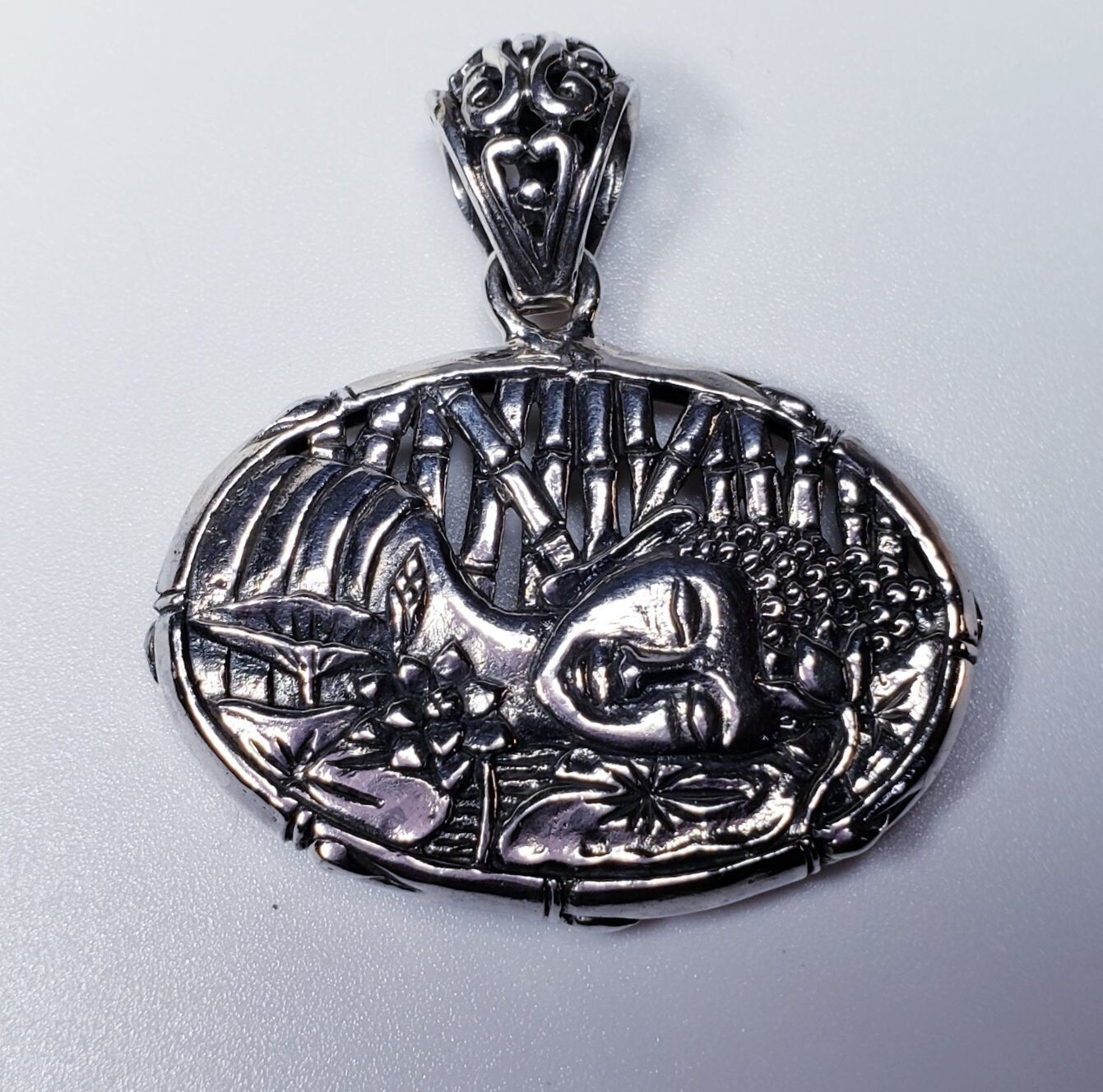 Vintage Sterling Silver Floral Sleeping Buddha Pendant