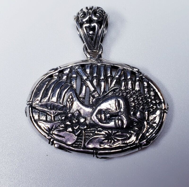 Vintage Sterling Silver Floral Sleeping Buddha Pendant