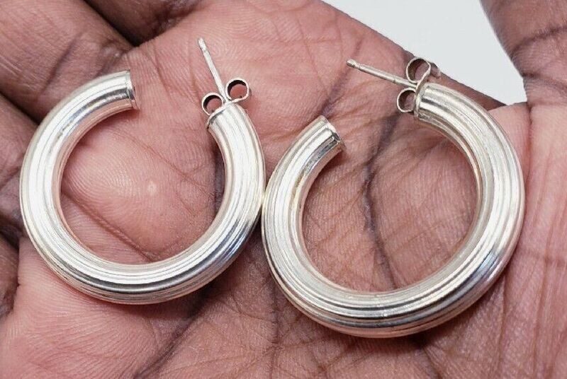 Thick Well Made Sterling Silver Solid, Ribbed, Fluted Hoop Earrings.
