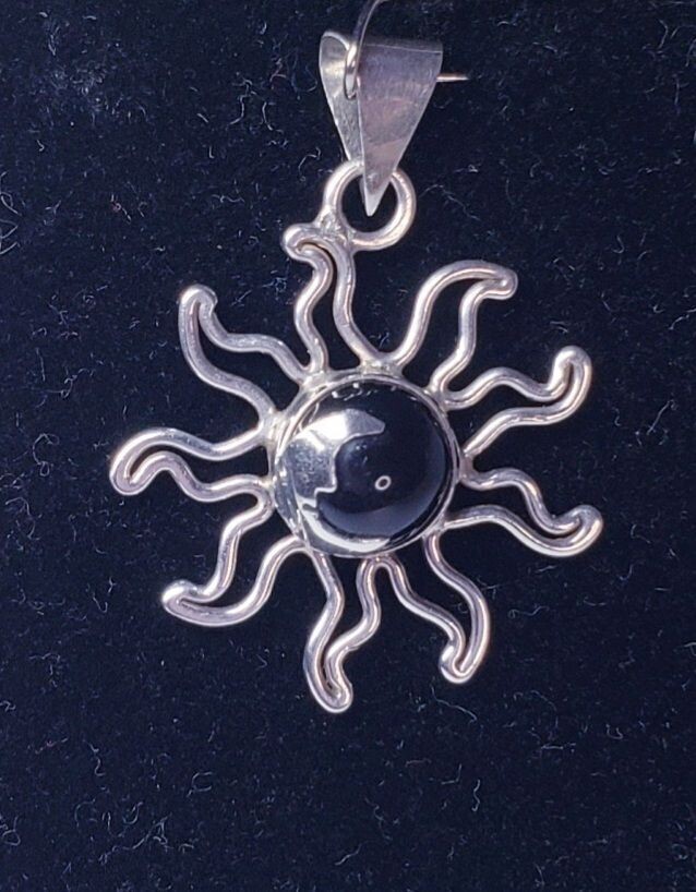 Vintage Sterling Silver Handmade Black Onyx Sun Charm Pendant
