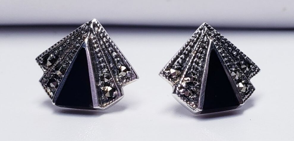 Vintage Sterling Silver Fan Shaped Black Onyx& Marcasite Button Style Earrings