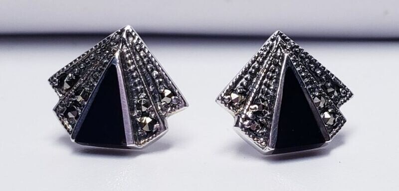 Vintage Sterling Silver Fan Shaped Black Onyx& Marcasite Button Style Earrings