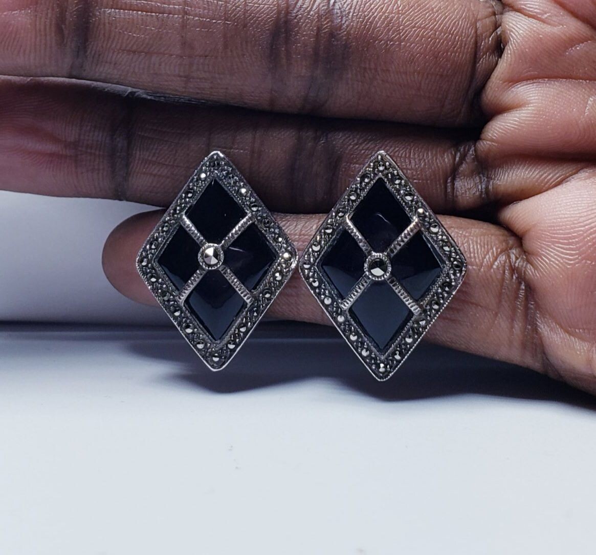 Vintage Sterling Silver Black Onyx &Marcasite Button Style Earrings
