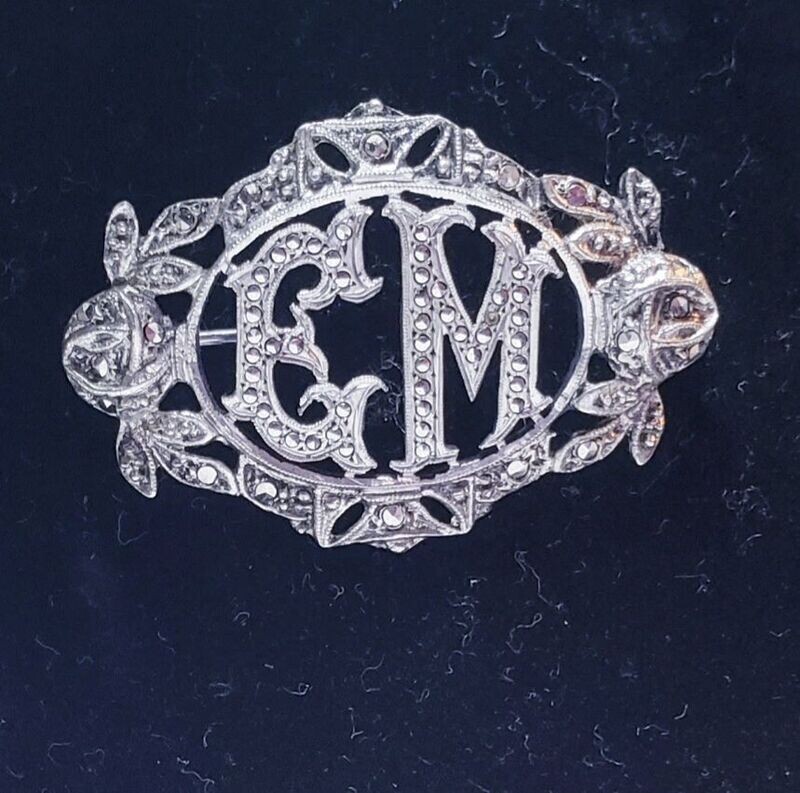 Vintage Art Deco EM Floral Monogram Style Sterling Silver Marcasite Brooch Pin