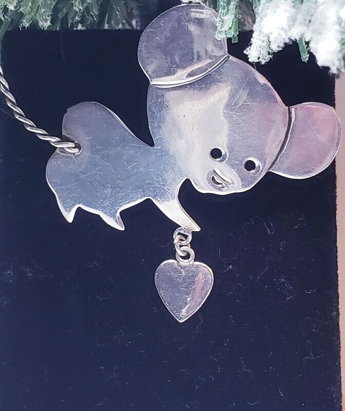 Vintage Sterling Silver Handmade 3D Mouse Holding Heart Brooch Pin.